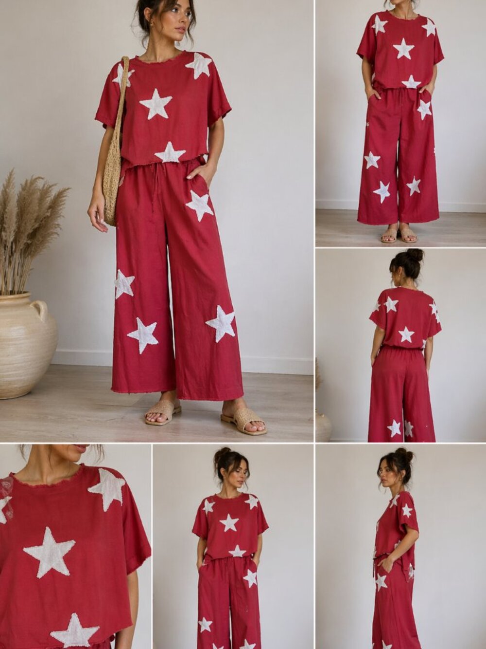 Blue Velvet Wide Leg Star Print Pants & Top Set - Rust Red Small Cotton Linen